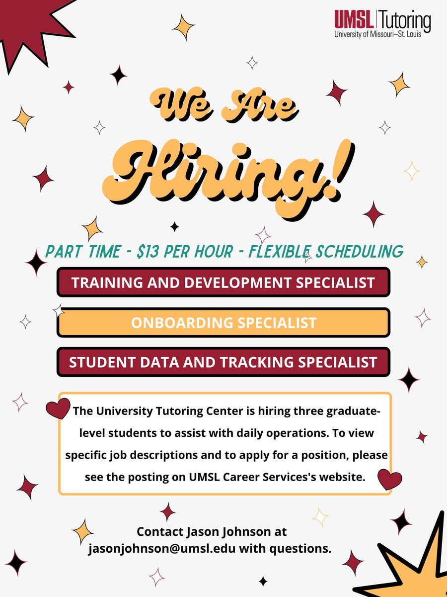umsltutoring's tweet photo. Graduate-level students - we are hiring! Positions include:
- Training and Development Specialist
- Onboarding Specialist
- Student Data &amp; Tracking Specialist

Apply on UMSL's Career Services website. We can't wait to meet you! https://t.co/2S2amhT24X