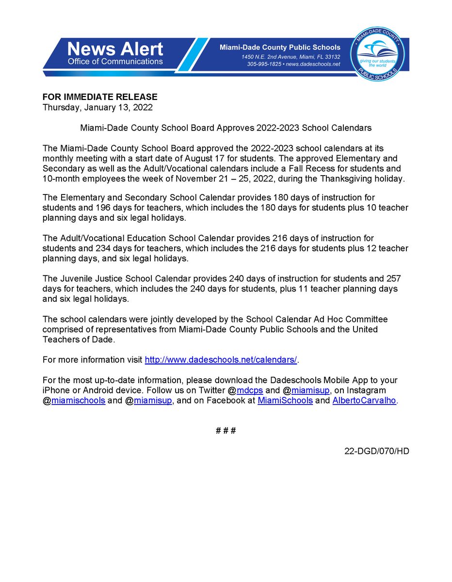 Mdcps Calendar 2023 تويتر \ Miami-Dade Schools On Twitter: "The @Mdcps School Board Approved  The 2022-2023 School Calendars At Its Monthly Meeting With A Start Date Of  August 17 For Students. Learn More At Https://T.co/Mbmk3Hsy3O.