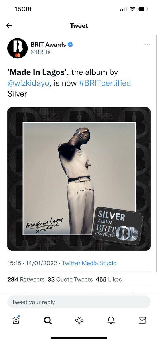 adesope_olajide's tweet photo. #madeinlagos certified silver in the UK …. @wizkidayo congratulations legend #wizkid UK 🇬🇧 #Afrobeats we HERE https://t.co/QUkNdQwa5D