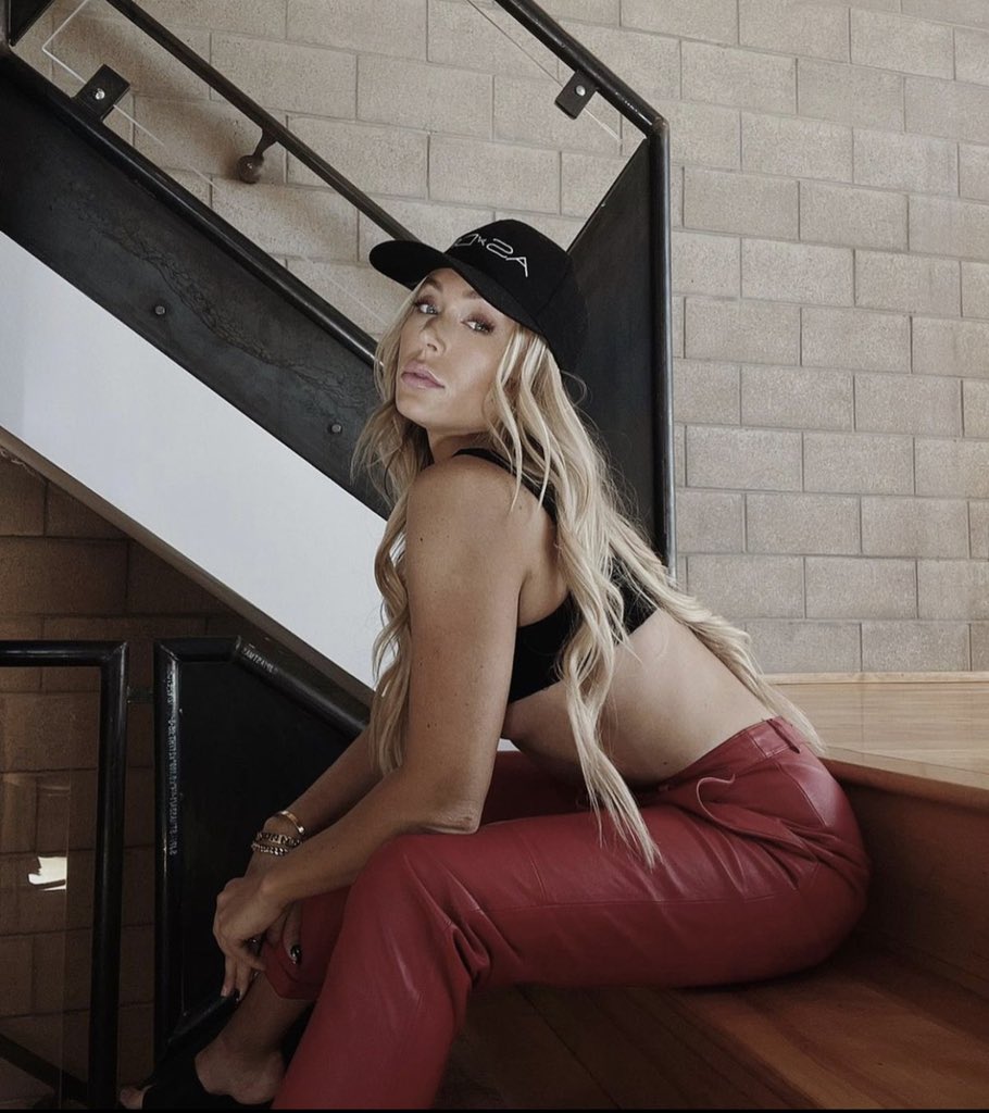 asbydf's tweet image. A red hot leather moment -  @megan__heaton styles the Denise Recycled Leather Trousers w/ her exclusive #ASbyDF ball cap! now available to shop on @verishop ! #plasticfree