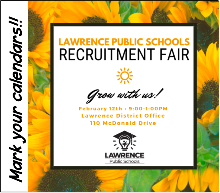 Join our awesome team! Lawrence Public Schools Recruitment Fair, 9 a.m.-1 p.m. Saturday, February 12, at 110 McDonald Drive!

#allstudentsoneteam #usd497