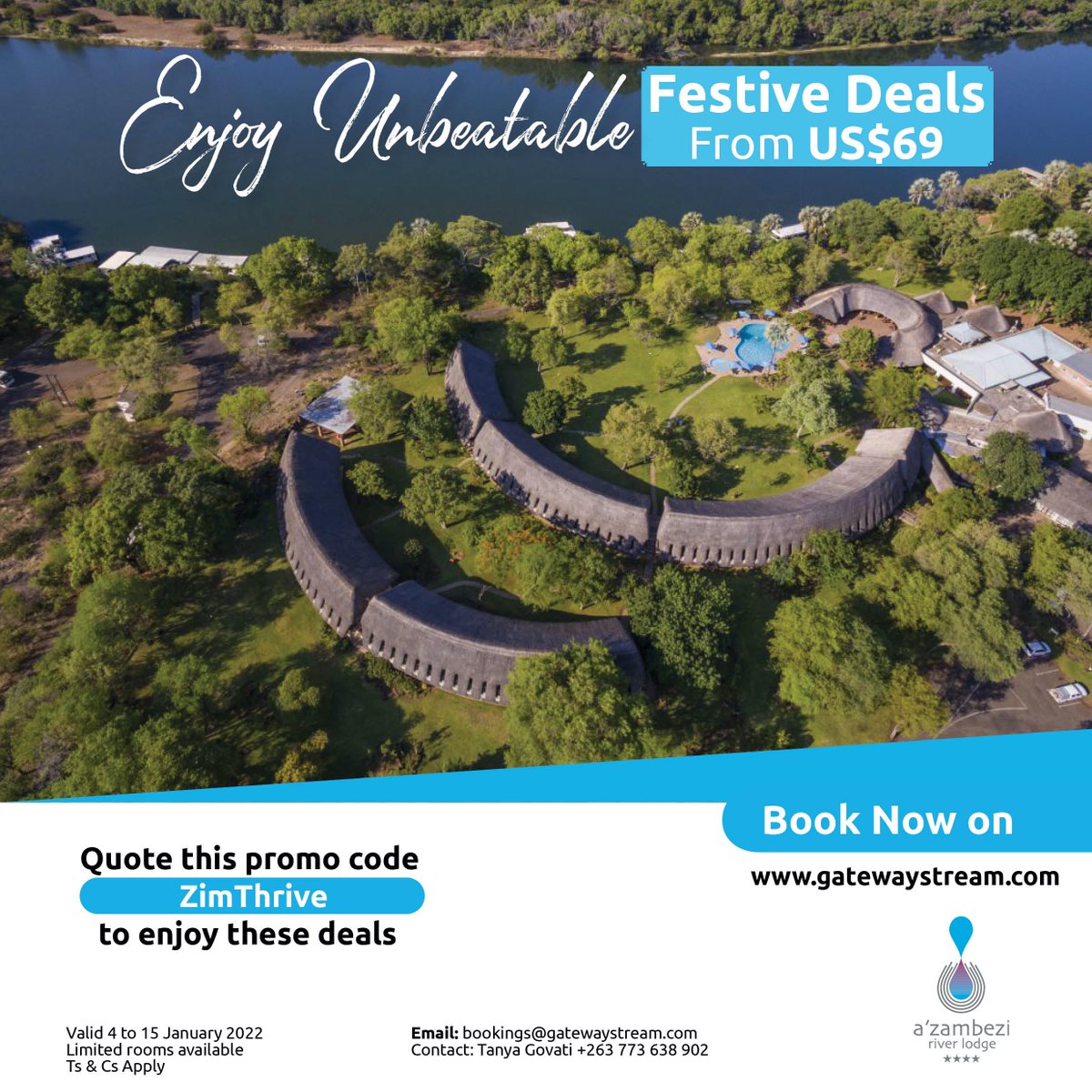 Another last minute deal to beat the #JanuaryBlues 
A’Zambezi River Lodge from US$69, only when you quote our promo code: ZimThrive

Limited rooms available! BOOK NOW on this link: ow.ly/WkSS50Hj4K6. Offer valid until 15 Jan 2022. #Azambezi <a href="/GatewayStream/">Gateway Stream</a>