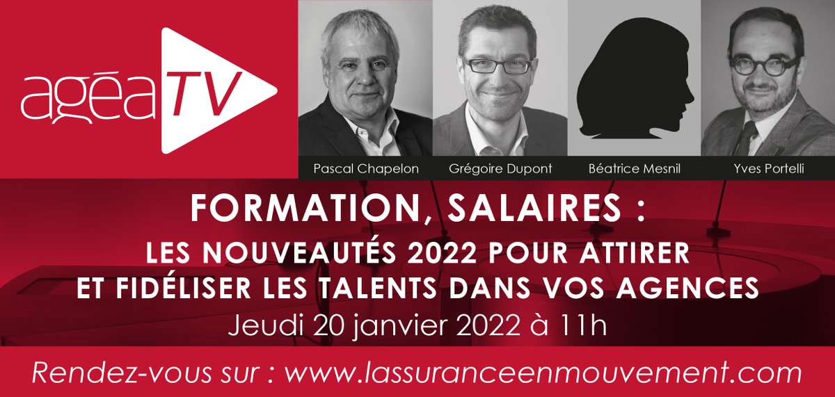 agéa (@ageafrance) on Twitter photo prochain #ageatv le Jeudi 20 janvier.
Il sera consacré à la fidélisation des talents en #agencegénérale et notamment aux nouveautés 2022 en matière de #formation et de #salaire
Interviendrons <a href="/pascal_chapelon/">Pascal chapelon</a> <a href="/gregoire_dupont/">gregoire.dupont</a> , #BeatriceMesnil et <a href="/PortelliYves/">Yves Portelli</a> <a href="/OpcoAtlas/">Opco Atlas</a> prochain #ageatv le Jeudi 20 janvier.
Il sera consacré à la fidélisation des talents en #agencegénérale et notamment aux nouveautés 2022 en matière de #formation et de #salaire
Interviendrons <a href="/pascal_chapelon/">Pascal chapelon</a> <a href="/gregoire_dupont/">gregoire.dupont</a> , #BeatriceMesnil et <a href="/PortelliYves/">Yves Portelli</a> <a href="/OpcoAtlas/">Opco Atlas</a>