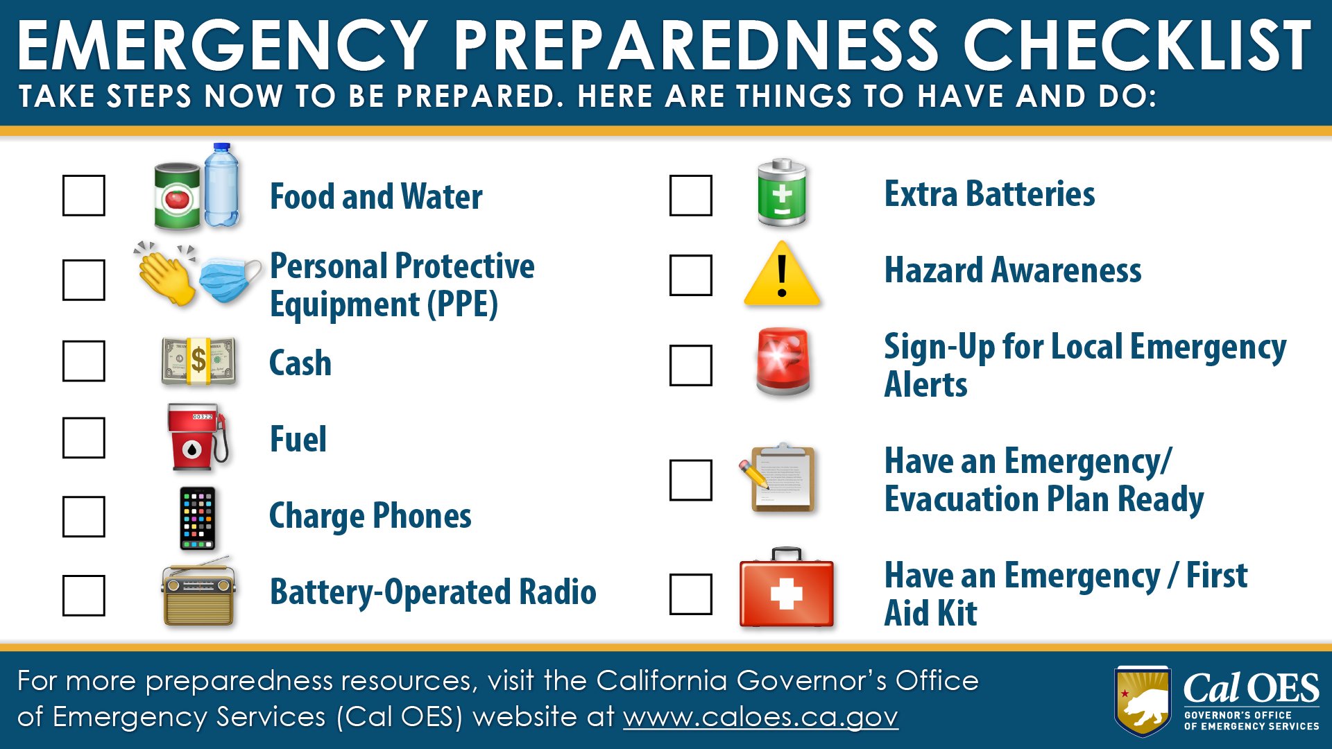 California Governor's Office of Emergency Services on X: Are you ready for  the next disaster? Always be prepared, whether for a wildfire, flood,  earthquake or any emergency. Stay alert and listen to