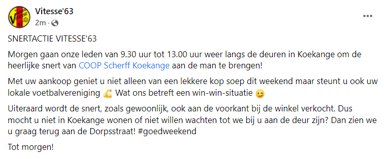 SNERTACTIE | Morgen gaan onze leden van 9.30 uur tot 13.00 uur weer langs de deuren in Koekange om de heerlijke snert van COOP Scherff Koekange aan de man te brengen! 🍵

⬇️⬇️