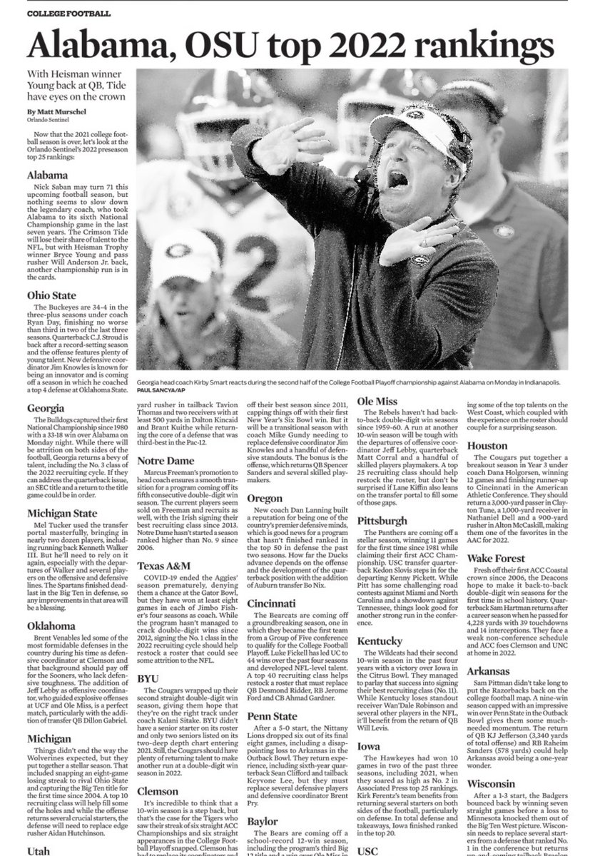 In today’s @orlandosentinel:
Now that the college football season is over, here is my way-too-early top 25 rankings for 2022. 

https://t.co/og7xWjPcKo https://t.co/w2YrdIpjVW