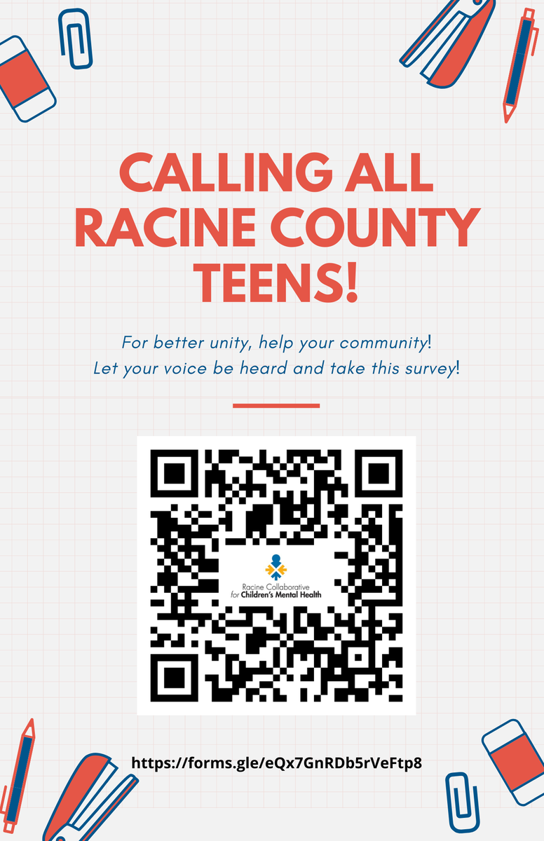 We received an updated link and flyer from Racine Collaborative for Children's Mental Health for their youth addiction survey! Teens, take the survey here bddy.me/3KavcI8