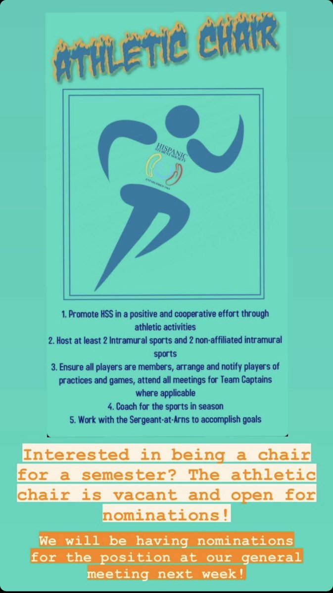 This is your chance to become the HSS athletic chair! Be sure to be at the next general meeting for more details🙌🏽