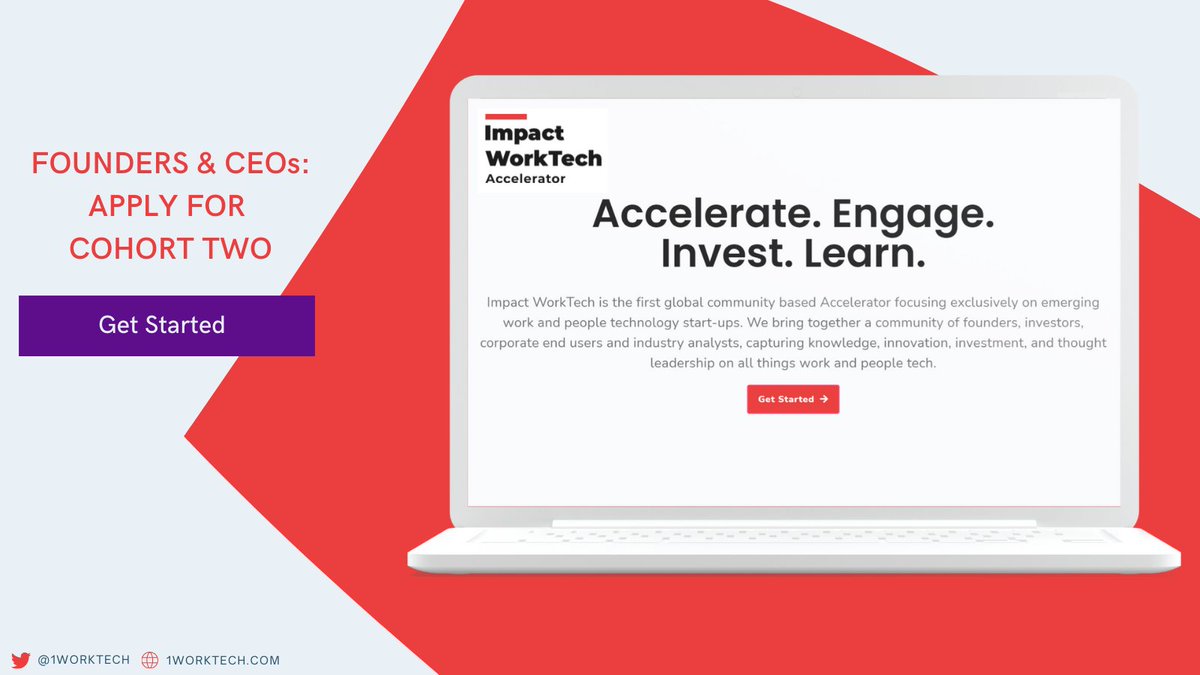1WorkTech's tweet photo. Hey #hrtech entrepreneurs, want to join the first-ever community just for #worktech #startups? 

Applications for #ImpactWorkTech Accelerator Cohort Two are open. Get access to GTM resources to help you change the #futureofwork. 

Apply at https://t.co/o4iOB1PukD by Jan. 31. https://t.co/DTxo658lXm