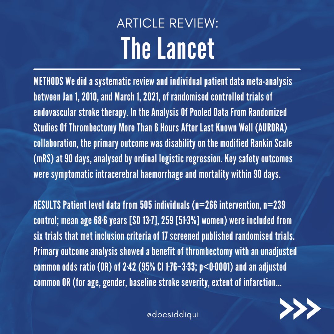_AdnanSiddiqui's tweet photo. Published an article in @TheLancet with several collaborators in November last year.

Key collaborative demonstrating all current randomized data supporting delayed thrombectomies for LVO Acute Ischemic Stroke.

Full article here 👉 https://t.co/IJv3FdLCap

#stroke #neurosurgery https://t.co/6vu8MwjyVz