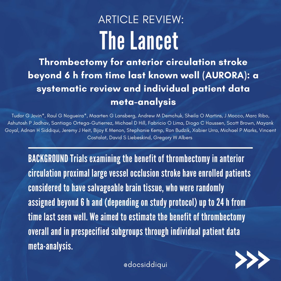 _AdnanSiddiqui's tweet photo. Published an article in @TheLancet with several collaborators in November last year.

Key collaborative demonstrating all current randomized data supporting delayed thrombectomies for LVO Acute Ischemic Stroke.

Full article here 👉 https://t.co/IJv3FdLCap

#stroke #neurosurgery https://t.co/6vu8MwjyVz