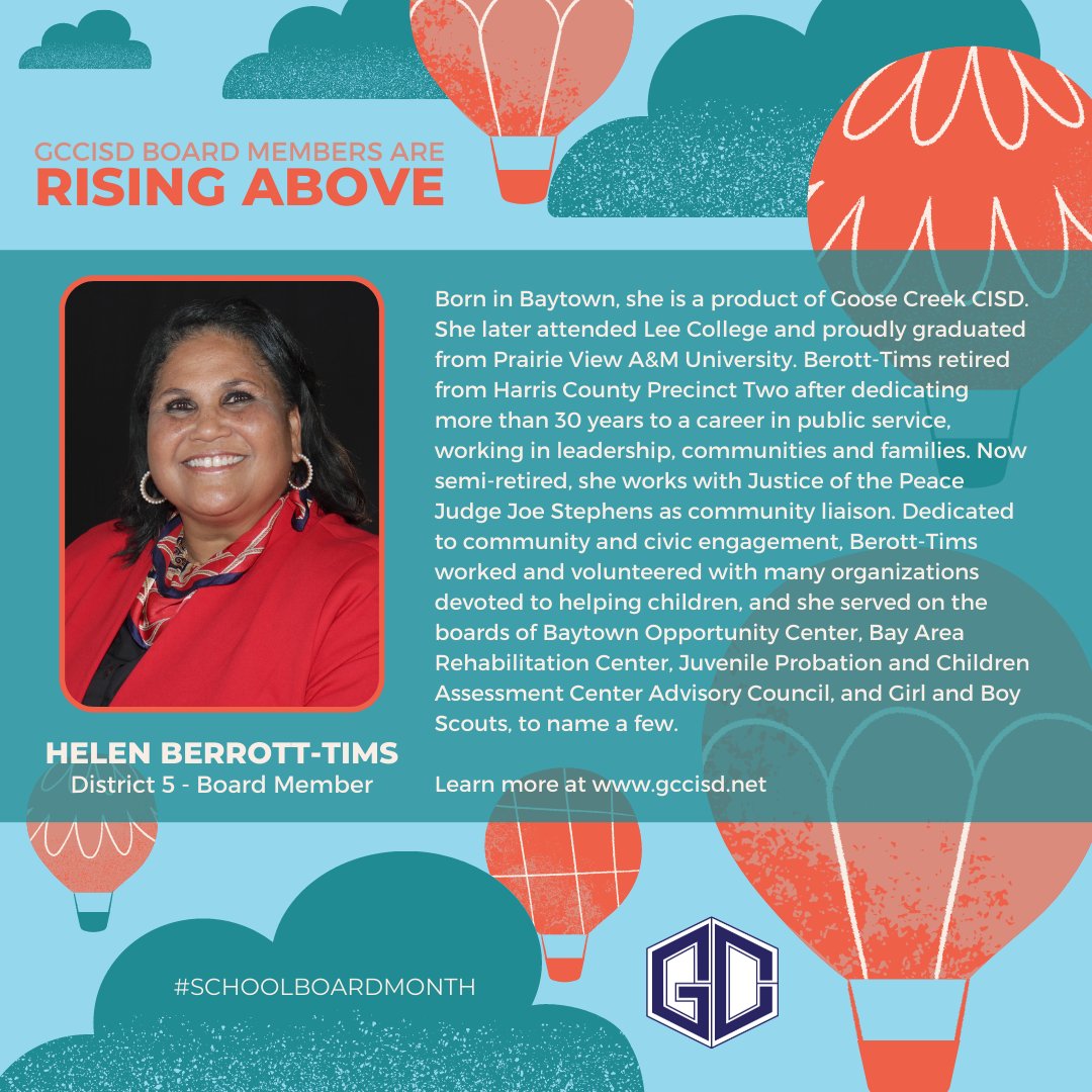 GCCISD's tweet photo. ⭐ Board Member Spotlight: Helen Berrott-Tims ⭐ Born in Baytown, she is a product of GC. Berott-Tims retired from Harris County PCT. 2 after dedicating more than 30 years to a career in public service, working in leadership, communities and families. ➡️ https://t.co/80fanUOWGB https://t.co/cxz9SRhFML