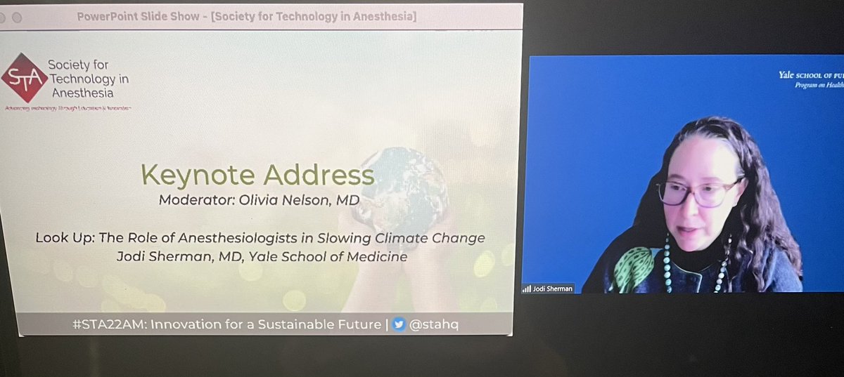 An excellent, informative, important and sobering keynote address by Dr Jodi Sherman @GreeningDoc at #STA22AM Can we innovate responsibly and improve anesthesia’s impact on climate and the environment? @stahq