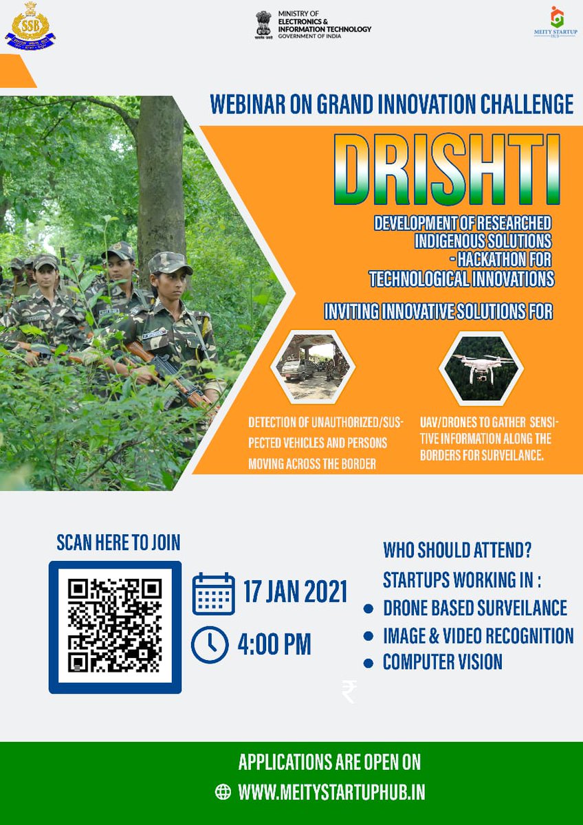 Webinar on Grand Innovation Challenge *DRISHTI*:Development of Researched Indigenous Solutions - Hackathon for Technological Innovations|17.01.2022|4 PM|Join:us02web.zoom.us/j/81610415965?…| Tune in for valuable insights and query resolution on the problem statements|<a href="/ssbfhq/">Sashastra Seema Bal</a> <a href="/JeetKVijay/">JVijay</a>