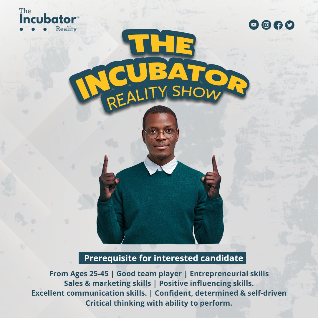 Incubatoreality's tweet photo. Don't miss the biggest entertainment startup show. It is new, packed with entertainment, learning, profit, wits and politics.

For more information contact: info@theincubatoreality.com
#incubatoreality #entrepreneur #business #investor https://t.co/ee023xEGrE