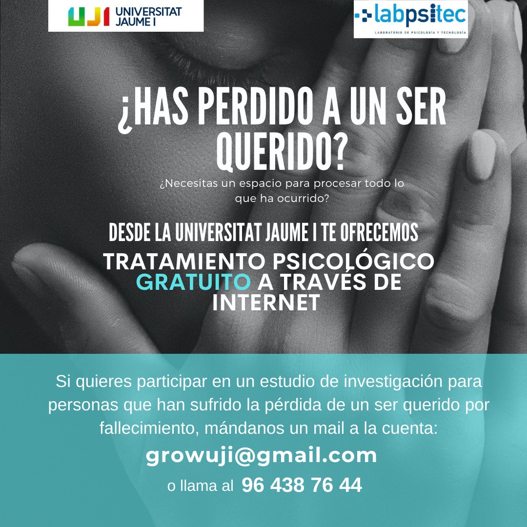 LABPSITEC - Laboratorio de Psicología y Tecnología (@labpsitec) on Twitter photo ¿Has perdido a un ser querido? Desde la <a href="/UJIuniversitat/">Universitat Jaume I</a> y el <a href="/Labpsitec/">LABPSITEC - Laboratorio de Psicología y Tecnología</a> te ofrecemos ayuda psicológica online de forma gratuita. ¿Estás interesado/a en participar? Mándanos un email a growuji@gmail.com o llámanos al 964 38 76 44 ¿Has perdido a un ser querido? Desde la <a href="/UJIuniversitat/">Universitat Jaume I</a> y el <a href="/Labpsitec/">LABPSITEC - Laboratorio de Psicología y Tecnología</a> te ofrecemos ayuda psicológica online de forma gratuita. ¿Estás interesado/a en participar? Mándanos un email a growuji@gmail.com o llámanos al 964 38 76 44