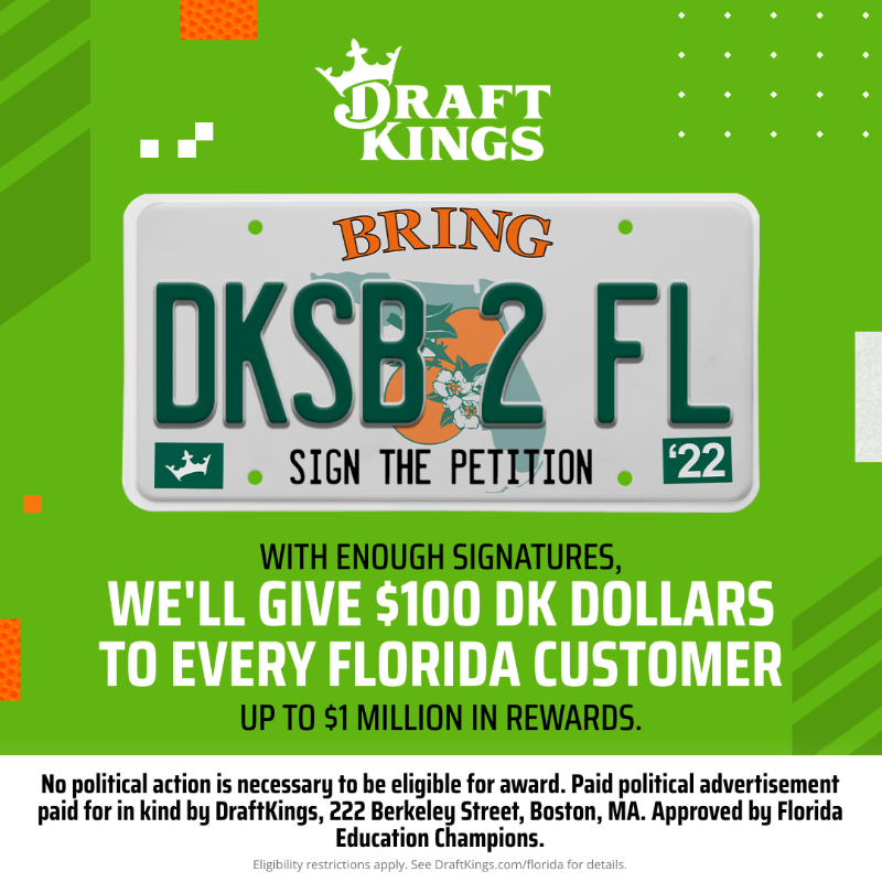 DraftKings's tweet photo. 🚨 Hey Florida🚨 Help us get to 891K signatures to add SPORTS BETTING to your state! 📝

If we hit the signature count by 2/1 we will pay out 100 DK$ to ALL FL DraftKings customers up to $1M 💸 

#DraftKings