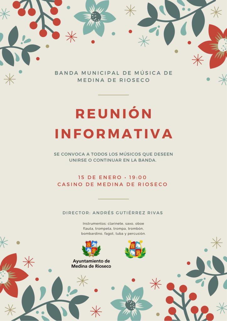 🎶 Os recordamos que mañana, sábado 15 de enero, tendrá lugar la reunión informativa de la <a href="/BandaRioseco/">Banda de música de Medina de Rioseco</a> con los actuales miembros y todas aquellas personas que deseen sumarse a este proyecto dirigido por Andrés Gutiérrez.