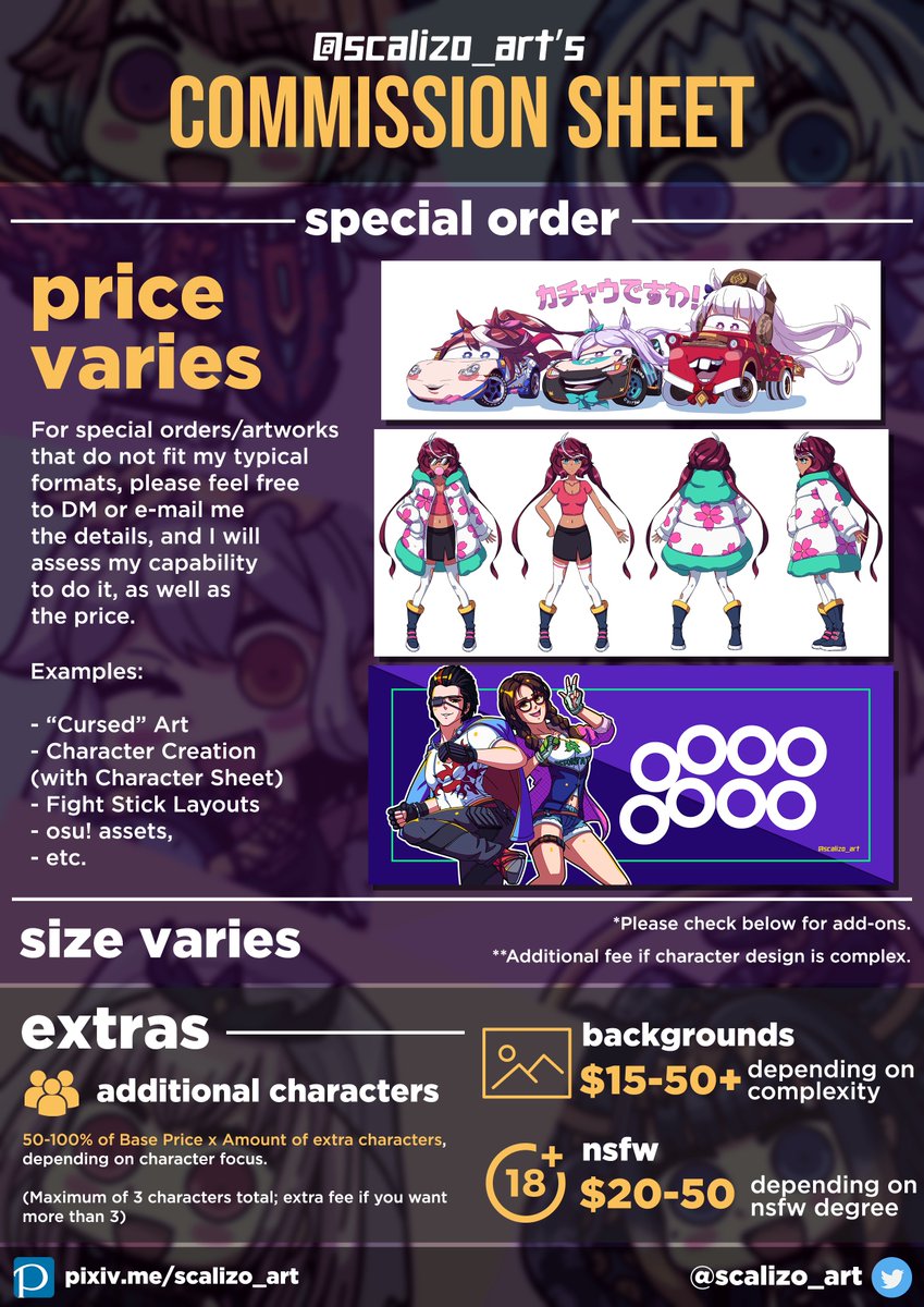📢 my rebranded commission sheet! 📢

this includes the updated pricing for my commission work, with all the experience i've gained and the quality i've maintained in the past 3 years :D

rt's are appreciated! ^^

portfolio: https://t.co/BkbLvIZBXk
fanbox: https://t.co/QWnB10wZIM 