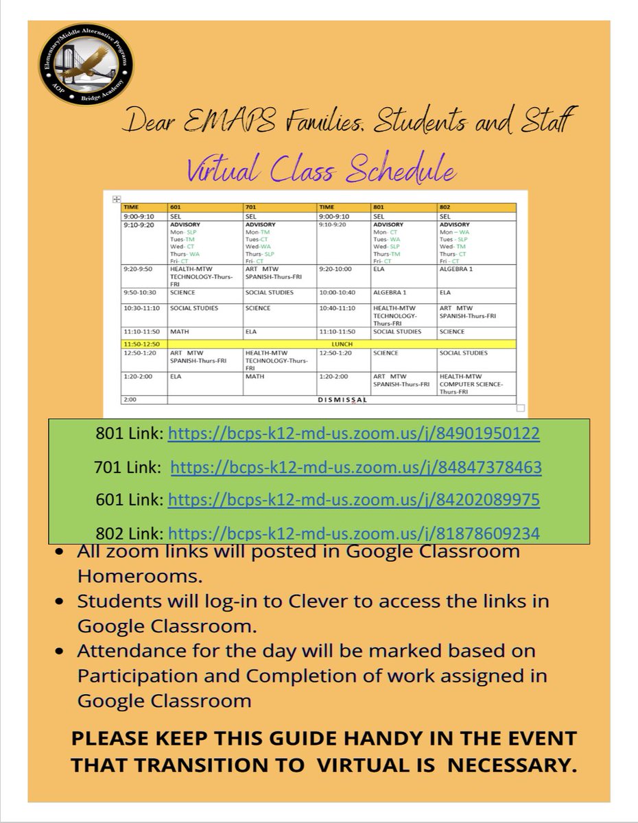 Here is our virtual schedule IN CASE we need to switch to virtual learning! Please make sure you save it! #KeepingEMAPSOnTheMap <a href="/BaltCitySchools/">Baltimore City Public Schools</a>