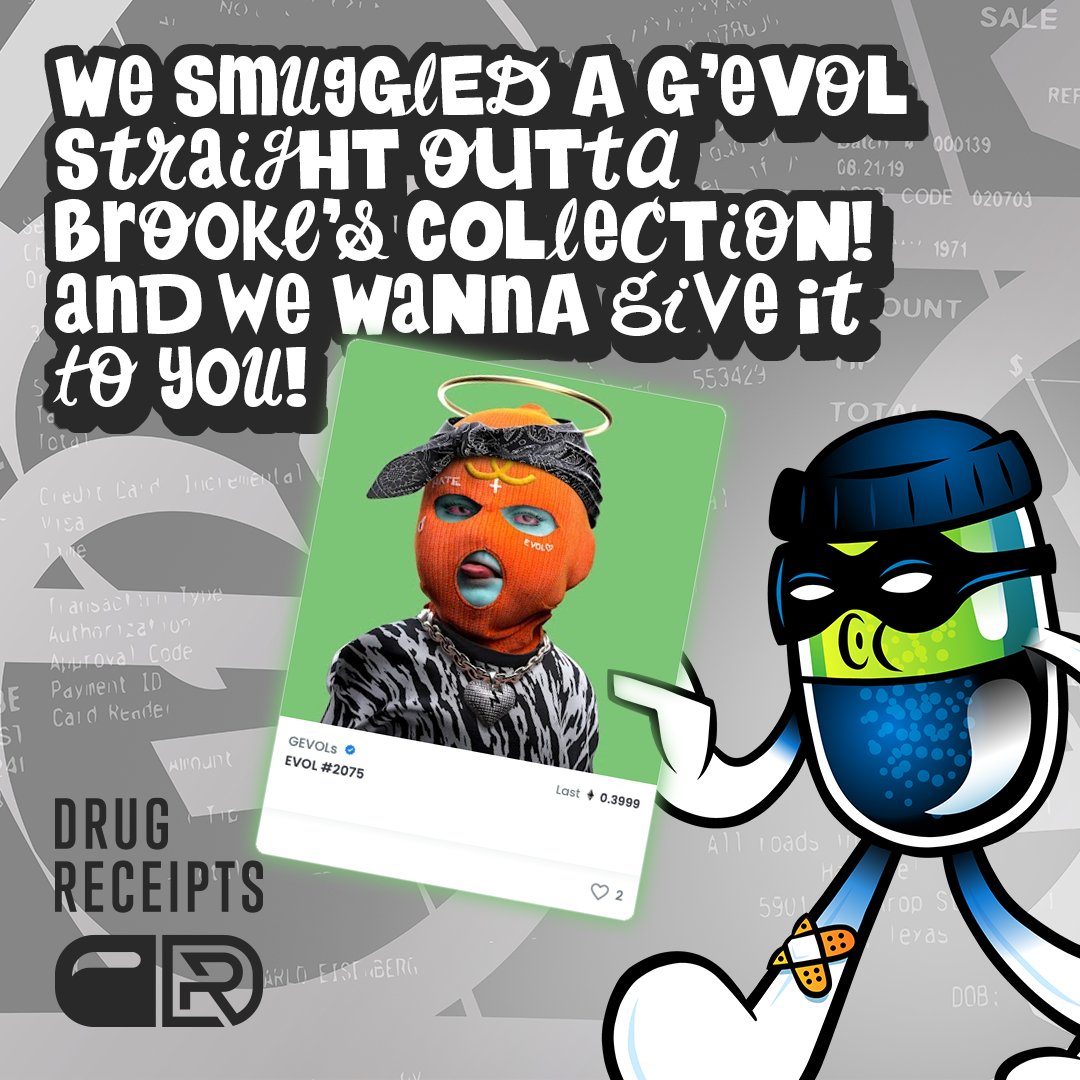 You've given us so much! So we smuggled this <a href="/GEVOLsNFT/">G'EVOLs</a> straight out of <a href="/Brooke_hs/">Brooke Howard-Smith</a>' personal collection. Now we want to give it to YOU! To enter:

💊 Follow us
💊 RT THIS! 
💊 Tag 3 friends
💊 Have a Drug Receipts PFP and we'll enter you x2!

The giveaway ends on 1/21 CST! GL! ✨
