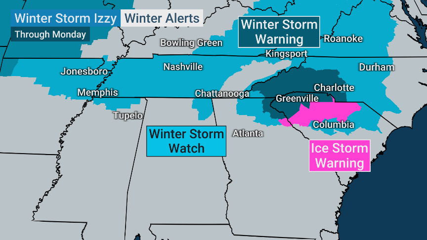 weatherchannel's tweet photo. NEW: Winter storm and ice storm warnings have now been issued for portions of the Southeast. 

We're LIVE with what you need to know! #Izzy https://t.co/Duh2fGtAxf