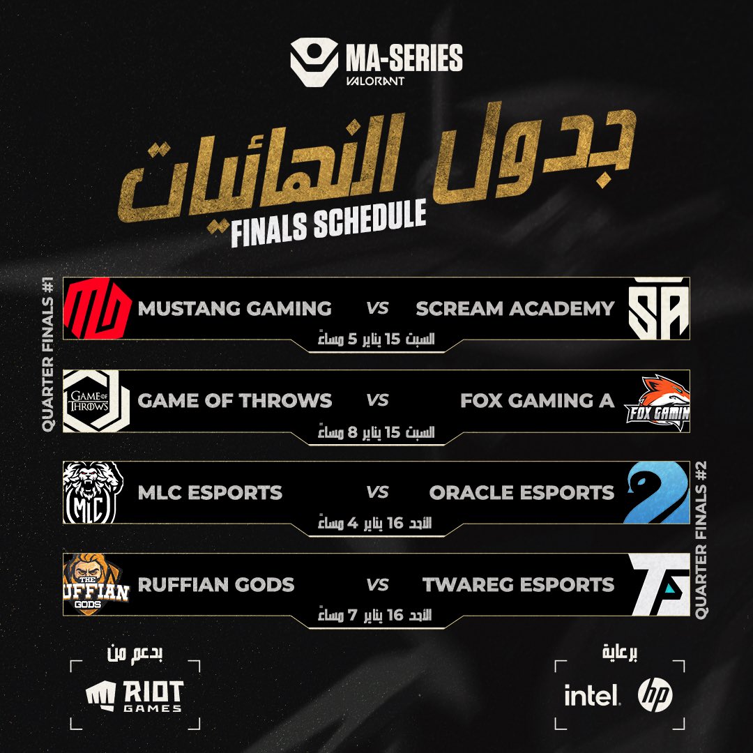 lgaming_ma's tweet photo. إليكم جدول النهائيات الكبرى 🔥🔥
GRAND FINALS🔥 من دوري المغرب للعبة فالورانت MA-SERIES
، تابعونا على قناتنا twitch كونوا في الموعد! 🔥🔥

#Valorant #Valorantarabia #ma_series https://t.co/udTmAeqeZv