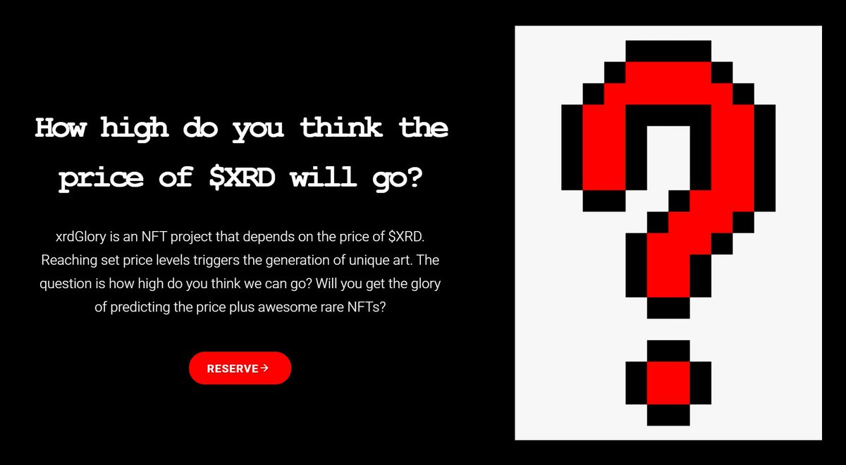 ⚡️WE'RE LIVE⚡️

#xrdGlory is a new kind of #NFT collection. 👀

Your NFTs will be released only if the price of $XRD goes higher. How high do you believe we can go? 

Predict the price and reserve your NFT now at xrdglory.com and get the glory of guessing right. 

💎🙌