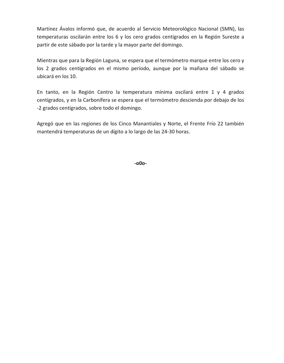 La Subsecretaría de <a href="/PCcoahuila/">Protección Civil Coahuila</a> exhorta a la población a extremar #precauciones ante la llegada del #FrenteFrío número 22, acompañado de bajas a muy bajas temperaturas en la mayor parte del territorio coahuilense.