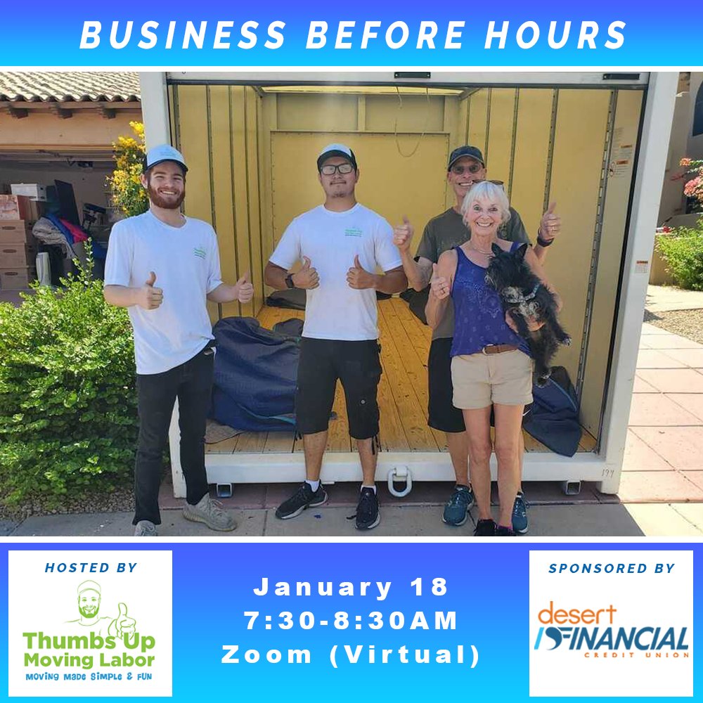 tempechamber's tweet image. See you after the break! Grow your network at Business Before Hours on Tuesday, January 18th at 7:30am, hosted by Thumbs Up Moving Labor AZ

RSVP: bit.ly/3308X7d

#BusinessBeforeHours is sponsored by @coxbusiness 
#networkdevelopment