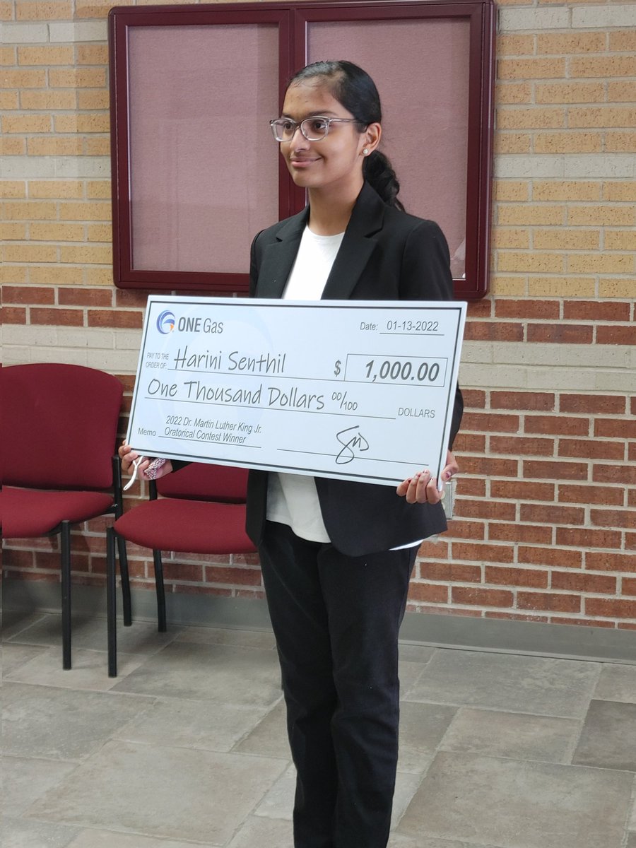 Congratulations, Harini Senthil for your $1,000 check for first place in the MLK Commemorative Society Oratorical Contest. <a href="/okstate/">Oklahoma State Univ.</a> <a href="/ONEGasInc/">ONE Gas</a>