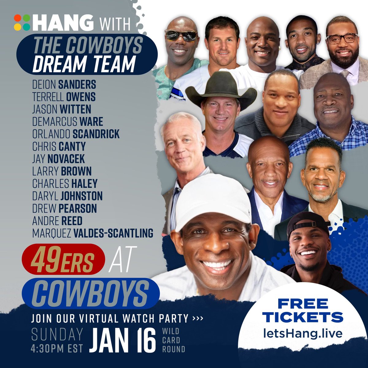 JayNovacek84's tweet photo. Come HANG with me @letshanglive friends like @deionsanders @andre_reed83 @terrellowens during the 49ers at Cowboys Sunday at 430pm EST.
Join our watch party for free thanks to @Academy tickets https://t.co/HXWaRVVRPU or https://t.co/NrVz1mmdnO
 #nflPlayoffs #nfl #cowboys #niners https://t.co/bBAnQZ7i6W