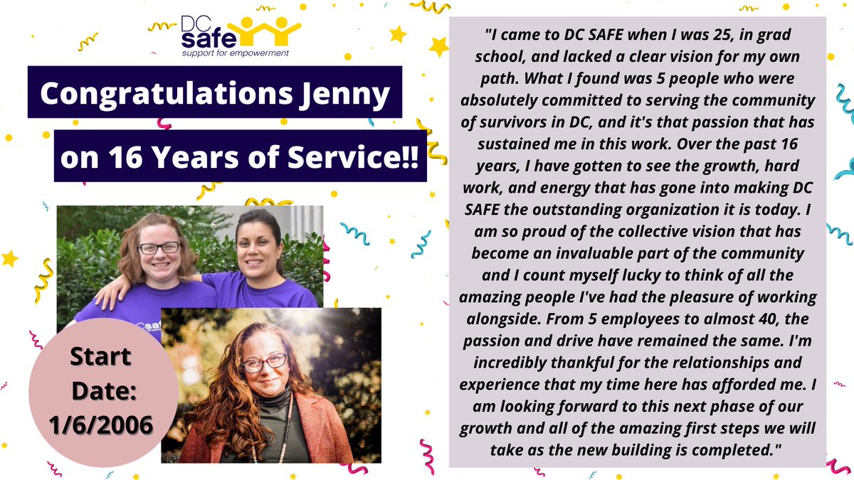 This month marks 16 years of service at DC SAFE for our Director of Operations, Jenny Wesberry! We thank her for her dedication to survivors, the rest of our community, and our staff! https://t.co/U7xnUJ4XaJ
