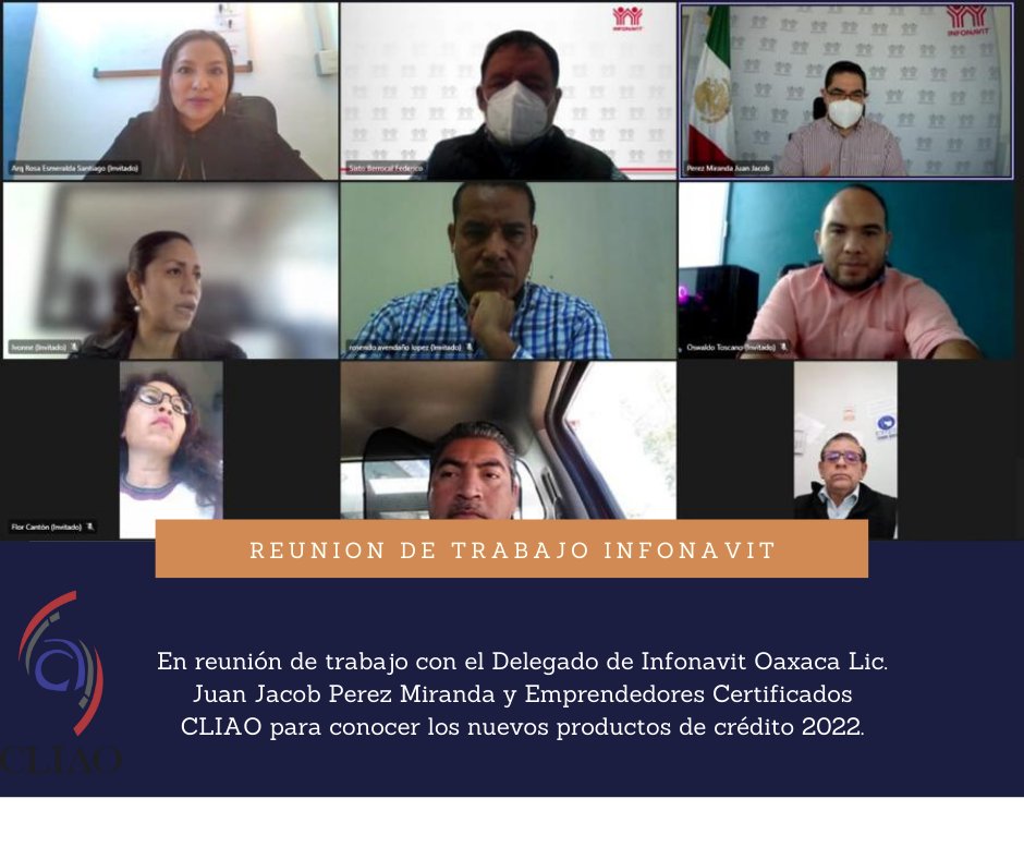 CLIAO_AC's tweet photo. En reunión de trabajo con @Infonavit Oaxaca @JuanJacobPeM, para conocer los nuevos productos de crédito 2022, con los asesores certificados de nuestro colegio.
@ark_esmeralda @faroax @JORGEALBERT @SINFRA_GobOax  @FMartinezNeri @arqgarsaa https://t.co/0rbW21qMfq