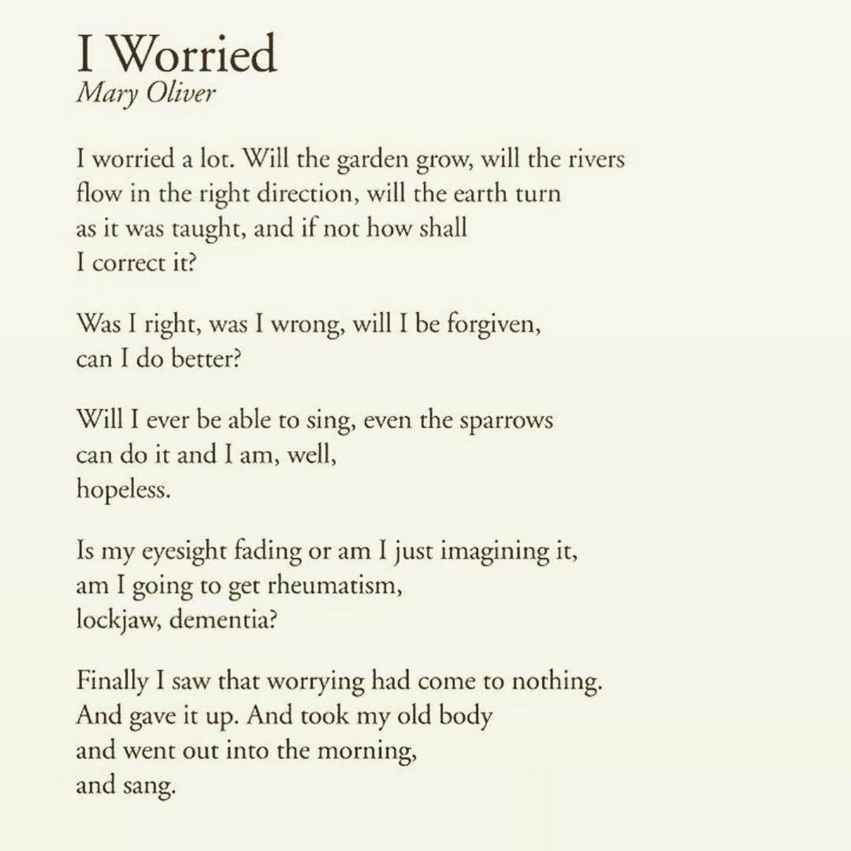 JackKornfield's tweet photo. A Mary Oliver poem to revisit this weekend. 💛
"I Worried" from "Swan: Poems and Prose Poems" by Mary Oliver, Beacon Press (2010) 

#maryoliver #mindfulness https://t.co/XDHsOtlIz8