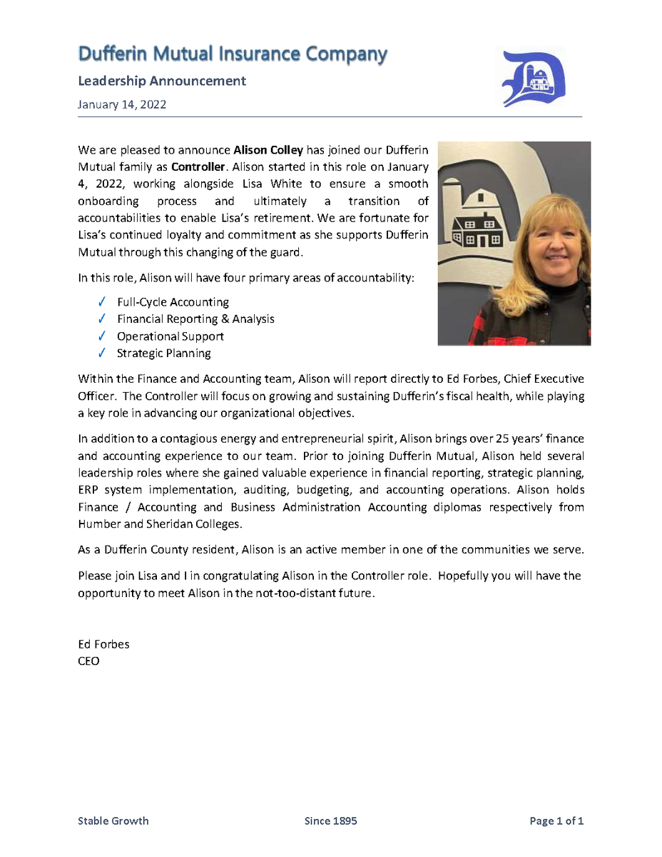 Dufferin_Mutual's tweet photo. Please welcome the newest addition to our team, Alison Colley. https://t.co/BS3XVa19M8