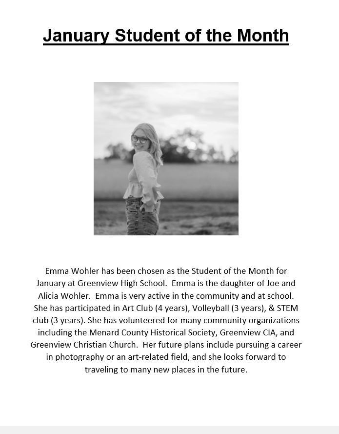 Congratulations to Emma Wohler, our January Student of the Month!