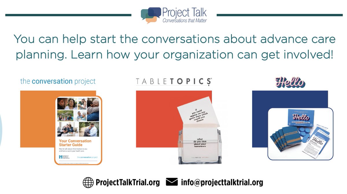 _ProjectTalk's tweet image. Looking for community organizations to host Project Talk events!  These events aim to engage underserved communities in advance care planning. Hosts will be utilizing one of these 3 conversation tools. 

Interested? Check out projecttalktrial.org to learn more!
