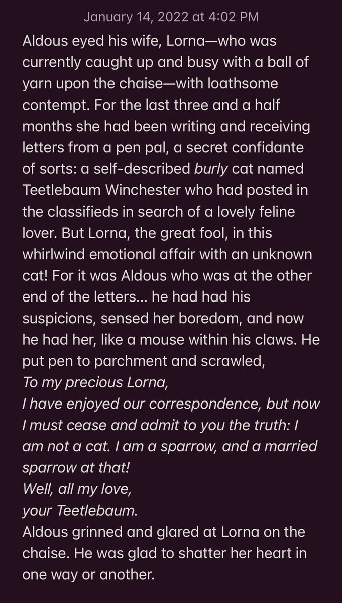 CatMicroFic's tweet photo. “The Last Letter from Teetlebaum Winchester”
🐈🧶🛋📰😻✍️🪶💔

A short work of cat flash micro fiction https://t.co/uFuIfk2B7h