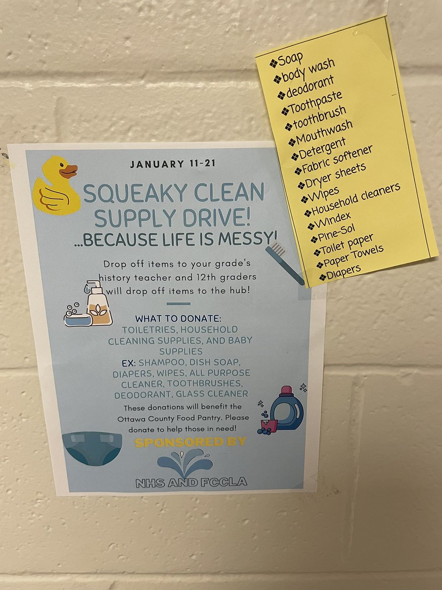 Our Squeaky Clean Supply Drive is a go, and we’ve had a great first week! Remember to bring in your items on Tuesday! (Results from this week will be announced Tuesday 1/18)