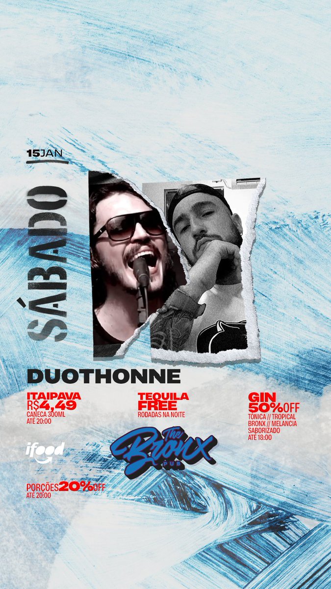 TheBronxPub's tweet photo. SÁBADO 💥🚀 Rolê de sonzeira braba do @duothonne [@magronne + @l3nin__] nesse sabadão! Bóra? 🚀 

🍺 CANECA ITAIPAVA R$4,49 300ml até 20:00
🍹 GIN 50%OFF tônica/tropical/bronx/melancia/saborizado até 20:00
🍟 PORÇÕES 20%OFF até 20:00

——————
🚀 #vemprotheBRONX #paranagua #sabado https://t.co/HGosq9ITVH