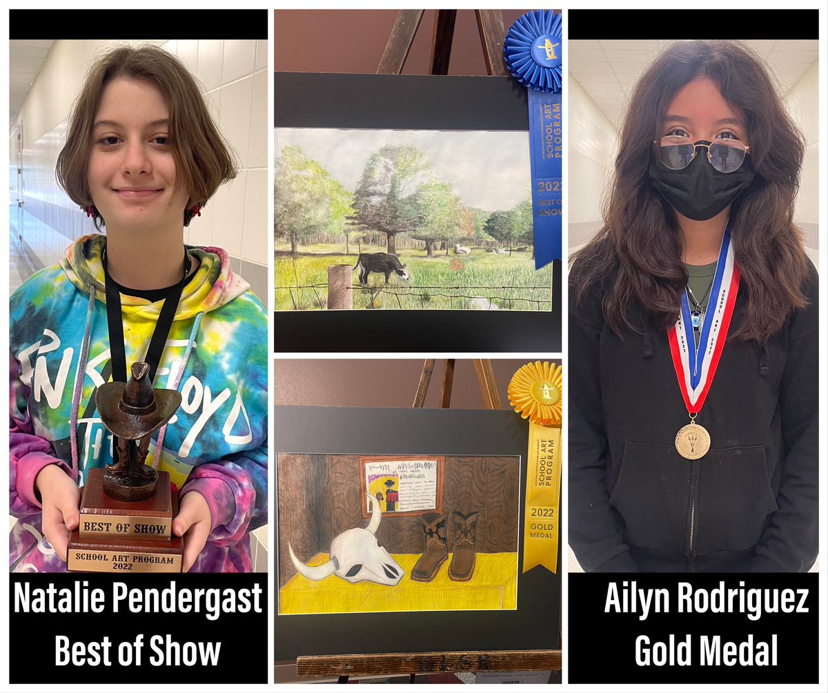 _MrsForster's tweet photo. Congratulations to our CMS 2022 Houston Livestock Show and Rodeo Art winners: Natalie Pendergast, Best of Show for “Watching Fields of Cows With My Dad” and our gold medalist Ailyn Rodriguez for “The Bullfighter” #just4kids @Chris_McCurry29 @CMS_Counseling @ClevelandMSCISD https://t.co/GjCMrHmOIm