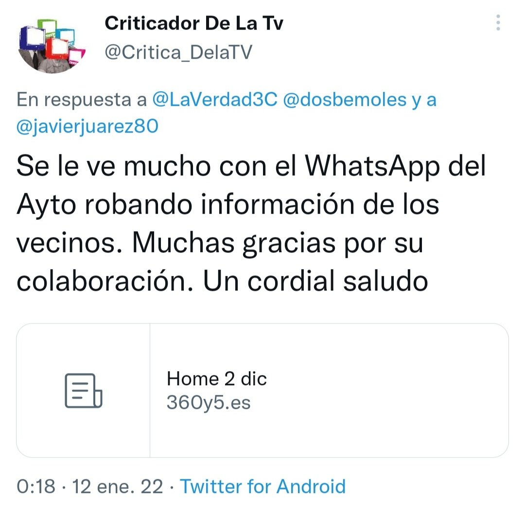 LaVerdad3C's tweet photo. @Critica_DelaTV @dosbemoles @javierjuarez80 @ayto3cantos Buenas noches,
Incorrecto. Se hablaba en el tweet anterior del señor @javierjuarez80. Y usted aprovechó para acusarle de robar a través de WhatsApp. Por eso insistimos en preguntarle qué le había robado, cómo se había dado cuenta y qué uso habían hecho de esa información.
Saludos https://t.co/B2pu9j55Yd