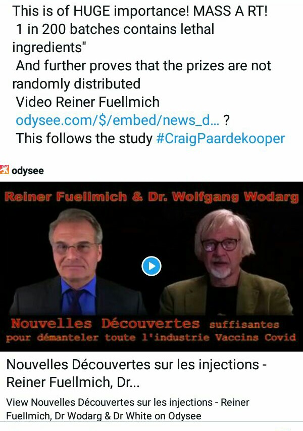 'One in 200 batches contains lethal iingredients!'
#ReinerFuellmich #WolfgangWodarg
#CraigPaardekooper
odysee.com/$/embed/news_d…