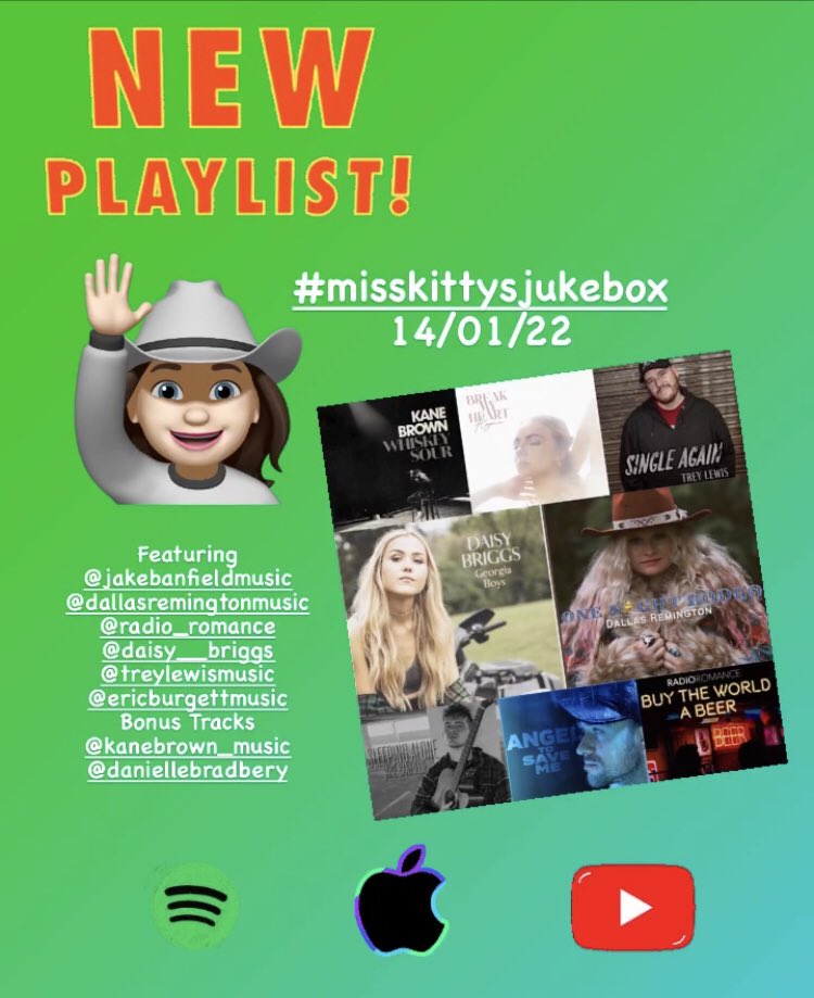 #misskittysjukebox - 14/01/22
This week features @JakeBanfield @DallasRemington @romance_radio @Daisy__briggs @TreyLewisMusic @eburgettmusic  Bonus Tracks @kanebrown & @DBradbery 

open.spotify.com/playlist/2fPmd…

music.apple.com/gb/playlist/mi…

youtube.com/playlist?list=…

#KitCountryPlaylists2022
