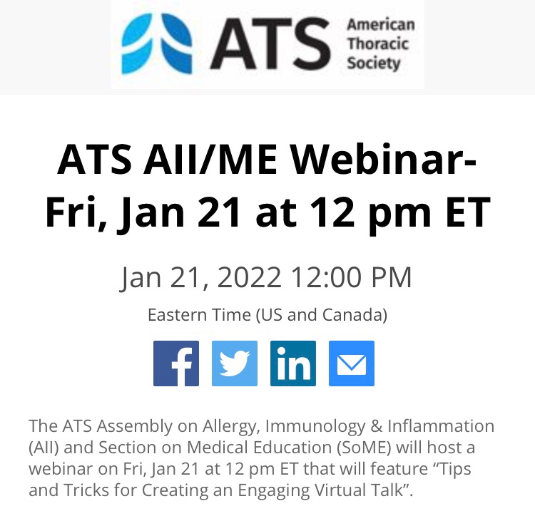 ATS AII (@ats_aii) on Twitter photo 🗓January 21st
⏰12 pm ET
📝Virtual Talk Webinar by <a href="/ATS_AII/">ATS AII</a> and <a href="/ATSMedEd/">ATS Section on #MedEd</a>
“Tips and tricks for creating an engaging virtual talk”
Hosted by <a href="/MarounMattaMD/">Maroun Matta, MD</a> and Drs. Nelson and Soffler. Moderated by @jehanalladina
#MedEd #MedTwitter #webinar 🗓January 21st
⏰12 pm ET
📝Virtual Talk Webinar by <a href="/ATS_AII/">ATS AII</a> and <a href="/ATSMedEd/">ATS Section on #MedEd</a>
“Tips and tricks for creating an engaging virtual talk”
Hosted by <a href="/MarounMattaMD/">Maroun Matta, MD</a> and Drs. Nelson and Soffler. Moderated by @jehanalladina
#MedEd #MedTwitter #webinar