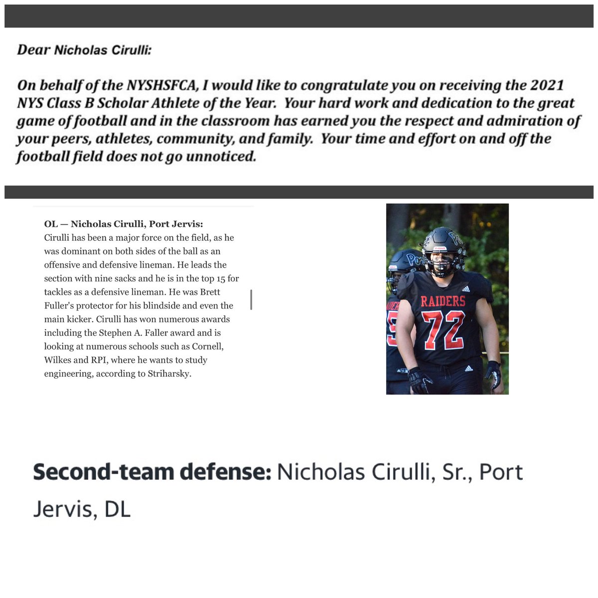 Lisa Cirulli (@cirullilisa) on Twitter photo Itβs been a great couple of weeks for <a href="/NicholasCirulli/">Nicholas Cirulli</a> Heβs been named the 2021 NYS Class B Scholar Athlete of the Year, All State 2nd Team for Defense, First Team All Section for O-Line. Keep Grinding, the future is bright!! <a href="/portfball/">Port Jervis Football</a> Itβs been a great couple of weeks for <a href="/NicholasCirulli/">Nicholas Cirulli</a> Heβs been named the 2021 NYS Class B Scholar Athlete of the Year, All State 2nd Team for Defense, First Team All Section for O-Line. Keep Grinding, the future is bright!! <a href="/portfball/">Port Jervis Football</a>