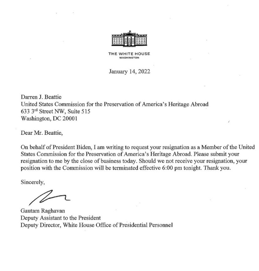 kyledcheney's tweet photo. Darren Beattie, the Steve Bannon ally who has pushed conspiracy theories about Jan. 6, has apparently been sitting on a federal board as a presidential appointee all this time. He posted this letter today suggesting Biden admin is now kicking him off. https://t.co/XAHvSeXIoF