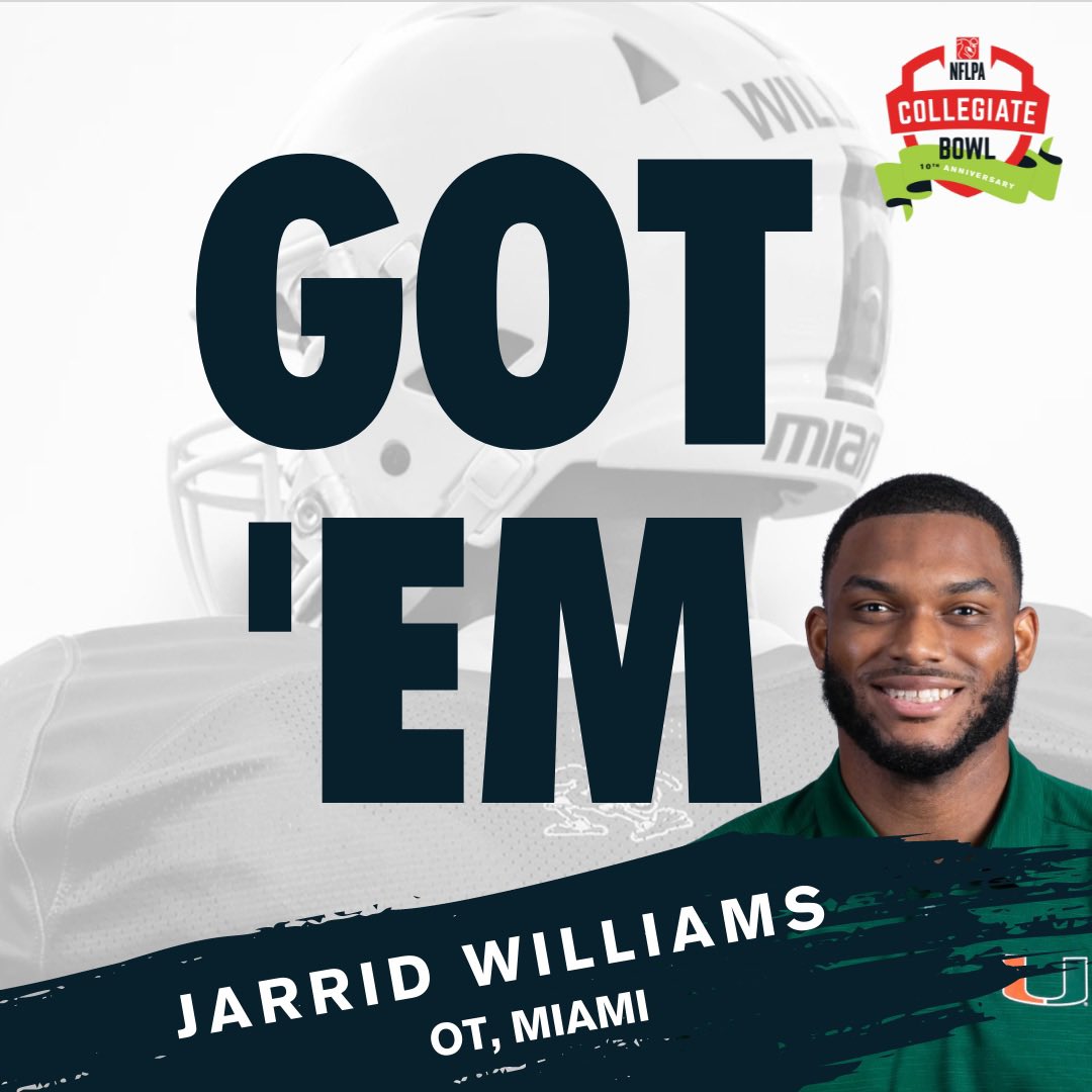 NFLPABowl's tweet photo. The journey continues…

Welcome Jarrid Williams (@Jwill62_) of @CanesFootball to the 10th anniversary edition of the #NFLPABowl. Williams was a valued member of the O-line and amassed 50 games played in his collegiate career.

Welcome to our game Jarrid 🏈

#Path2Pasadena https://t.co/AstoH1Nmes