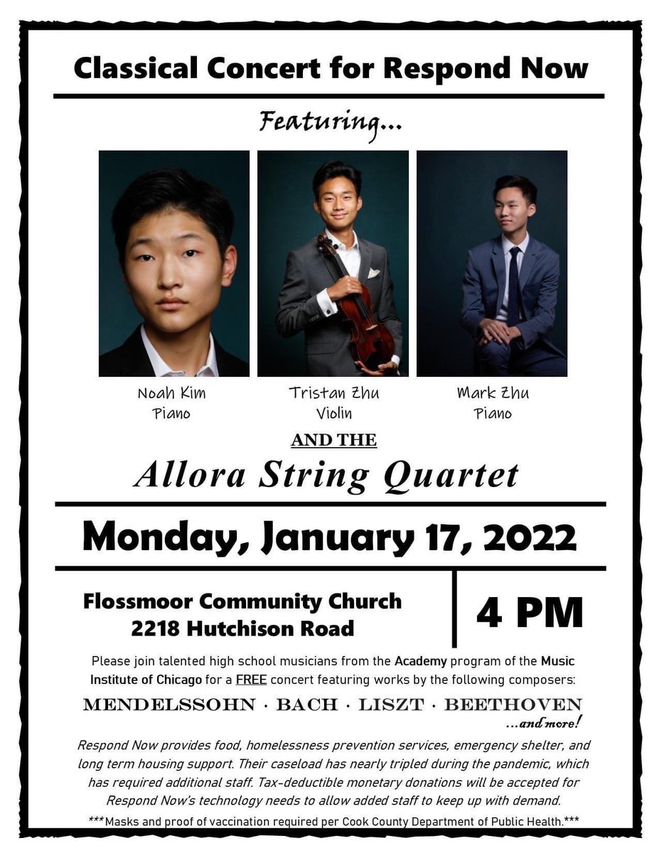 ILPhilharmonic's tweet photo. Join the @miccommunity in Flossmoor Monday for a FREE CONCERT!  The concert is free but they are always taking donations for Respond Now, an organization providing food, homelessness prevention services, emergency shelter and long term housing support. https://t.co/gxOwPWPyRK